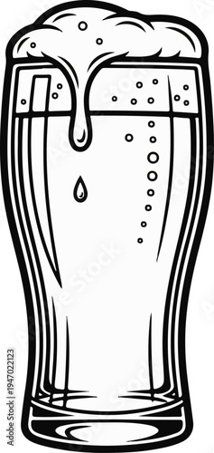 A tall glass filled with frothy beer, showing bubbles and a drip