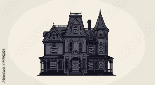 A pixel art illustration of a dark, abandoned Victorian mansion with boarded-up windows
