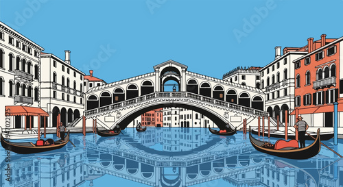 A stylized depiction of a famous bridge over a canal, with gondolas and Venice-style buildings