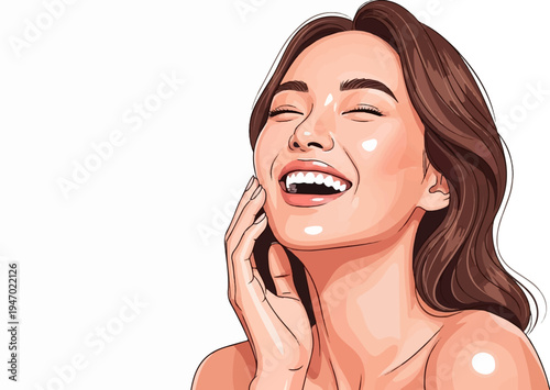 A joyful woman with closed eyes and an open mouth laughs heartily, hand touching her cheek