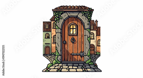 A charming, old-fashioned wooden door, adorned with a medieval knocker, stands before quaint, vine-covered buildings