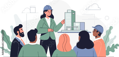 A team of diverse professionals gathers around a model building, discussing architectural plans