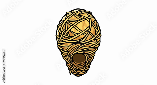 A detailed illustration of an oval-shaped, woven nest with an opening at the bottom