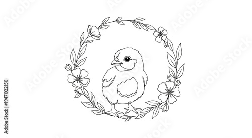 Cute Chick in Floral Wreath Outline Drawing