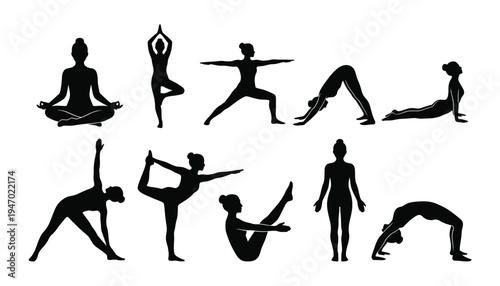 Collection of women in various yoga poses on white background