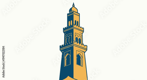 A stylized depiction of a tall, multi-tiered minaret, in blue and yellow hues, against a plain background