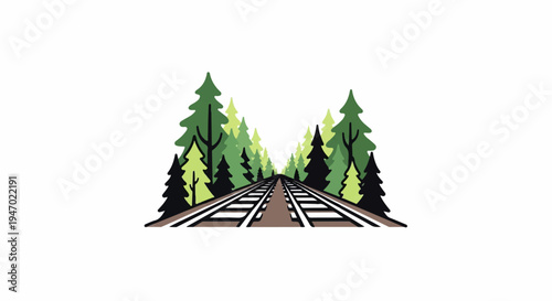 A stylized depiction of railroad tracks vanishing into a dense, green forest