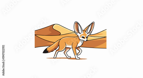 A stylized desert fox with oversized ears walks across sand dunes