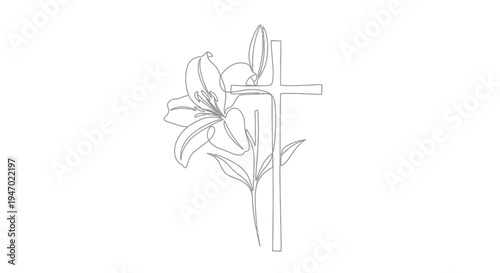 Elegant Lily Flower and Cross Line Art - Symbol of Faith and Purity