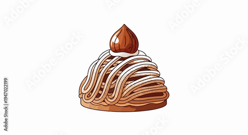 A stylized dessert with a chestnut topping on a swirl of cream