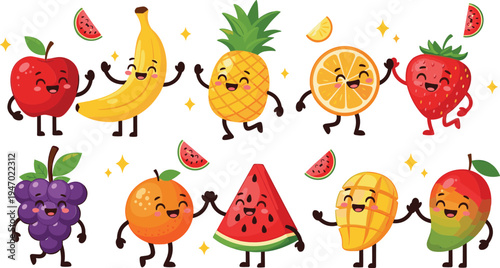Cute tropical fruit cartoon characters apple banana pineapple orange strawberry grape mango watermelon kawaii food vector illustration set