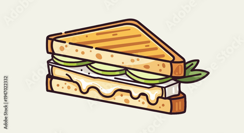A triangular sandwich with toasted bread, creamy filling, and fresh green slices