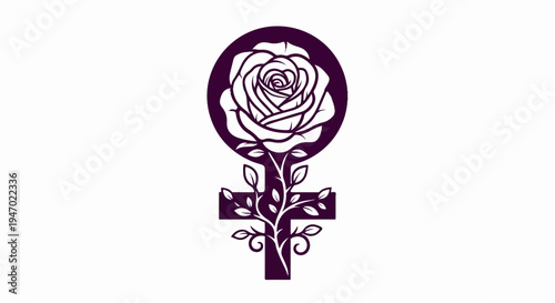 A stylized female symbol intertwined with a rose and vines