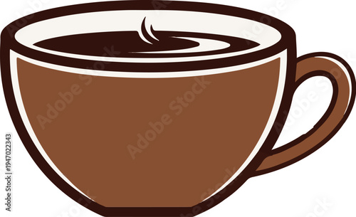 A simple, stylized brown coffee cup filled with dark, steaming liquid
