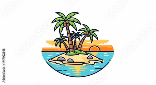 A tropical island with palm trees at sunset