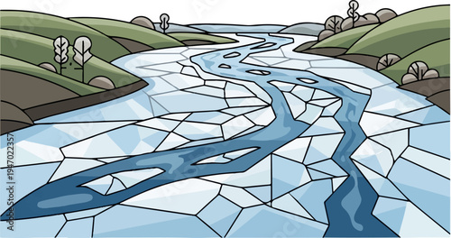 A stylized, geometric landscape depicts a winding river flowing through a partially frozen terrain