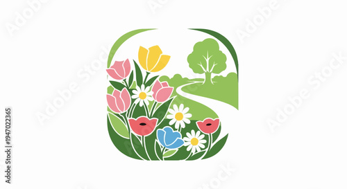 A stylized garden scene with a winding path, colorful flowers, and a solitary tree under a green arch