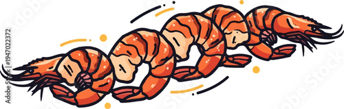 A line of stylized, orange shrimp with dark outlines and white spots, moving right