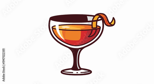 A stylized glass containing amber liquid with an orange peel twist garnish