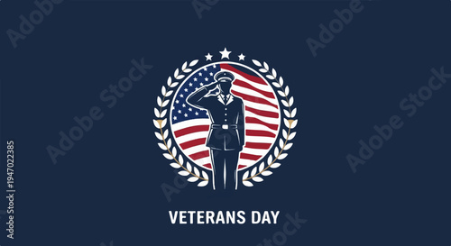 A uniformed soldier salutes in front of a stylized flag within a laurel wreath, honoring veterans