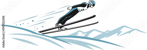 A stylized graphic depicts a ski jumper soaring through the air, with snow and mountains in the background