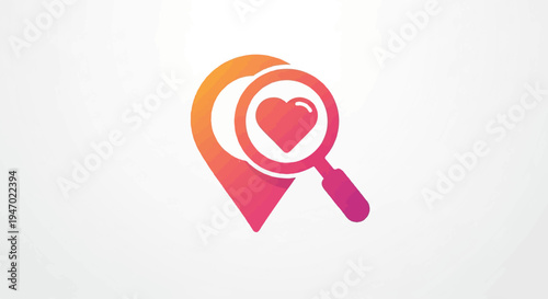 A location pin and magnifying glass icon with a heart at its center, rendered in a vibrant gradient