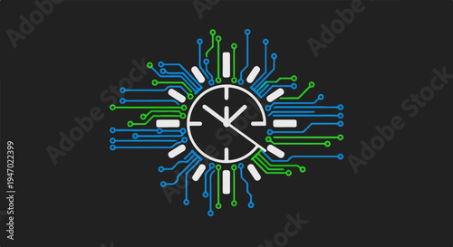 A digital clock face with glowing circuits extending outwards against a dark background