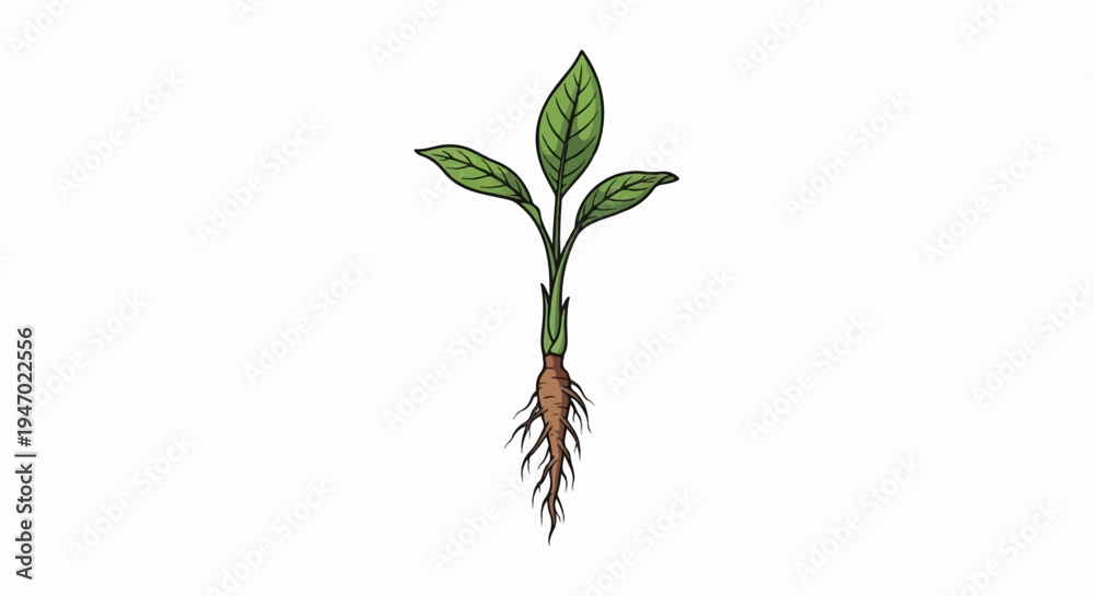 Obraz premium A simplified illustration shows a small plant with green leaves and a visible root system