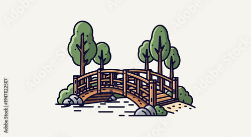 A simple wooden bridge spans a tranquil stream, surrounded by lush trees and rocks