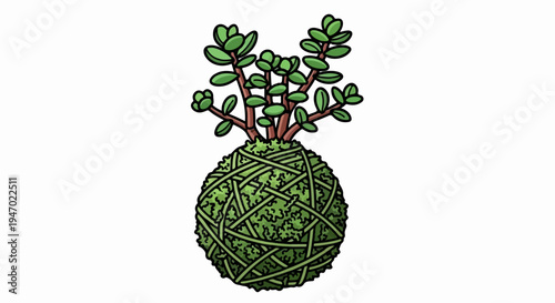 A stylized green plant in a moss ball, with delicate branches and leaves