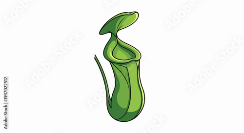 A stylized green pitcher plant with a smooth, curved shape and dark outlines