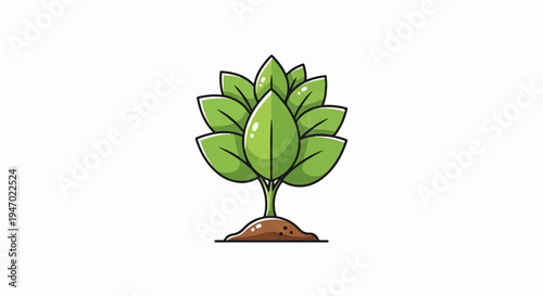 A stylized green plant with lush leaves emerges from rich brown soil, symbolizing growth