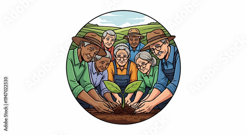 A diverse group of elderly people collaboratively planting a seedling in fertile soil, under a bright sky