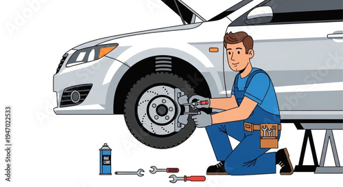Mechanic changing car tire.