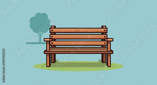 A simple wooden park bench sits on grassy ground beneath a stylized tree