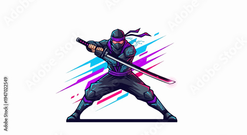 A pixelated warrior in dark attire, wielding a glowing sword against a backdrop of vibrant streaks