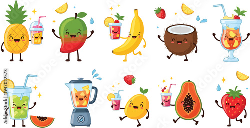 Cute tropical fruit and smoothie cartoon characters pineapple banana coconut papaya strawberry drink kawaii food vector illustration set