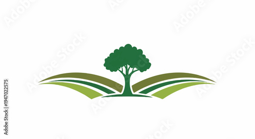 A stylized green tree stands tall amidst rolling green hills and fields