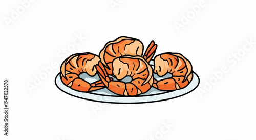 A plate of four cooked shrimp, depicted in a cartoonish style with bold black outlines
