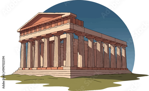 A simplified, stylized illustration of a classical Greek temple with Doric columns, set against a dark blue circular backdrop