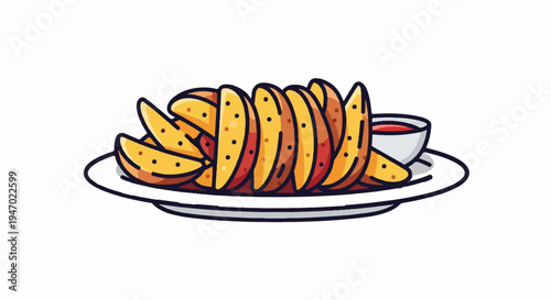 A plate of golden potato wedges served with a small bowl of red dipping sauce