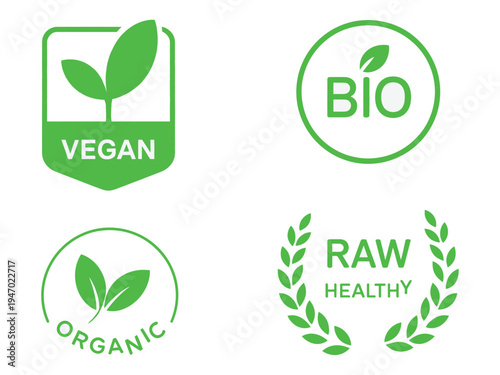 Green Food Label Vector Set – Vegan, Organic, and Healthy Stickers