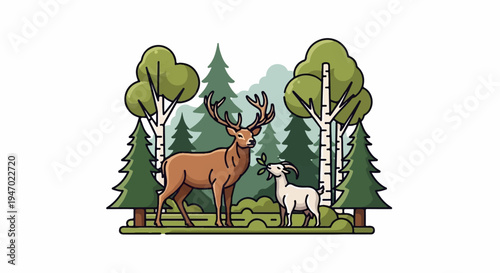 A majestic stag and a curious goat share a forest clearing with lush trees and foliage