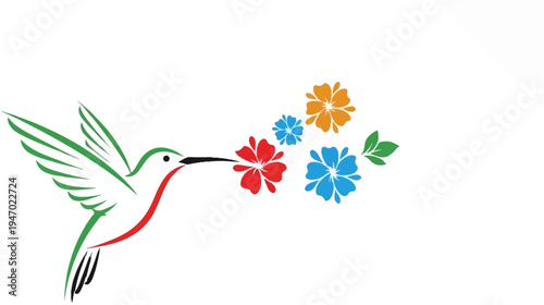 A stylized hummingbird with outstretched wings, colored green and red, approaches a cluster of vibrant, multi-colored flowers
