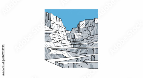 A stylized illustration depicts a vast, multi-tiered quarry with zigzagging paths under a bright blue sky