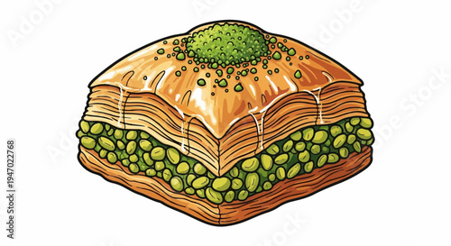 A single, layered, pastry with pistachios and syrup, served on white