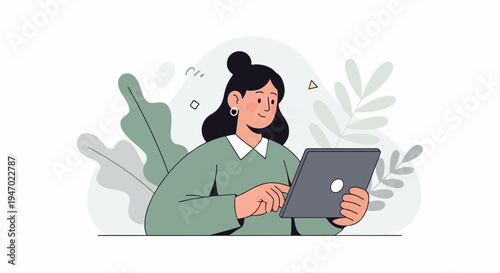 A stylized illustration depicts a woman with her hair in a bun, wearing a green top and white collar, interacting with a tablet