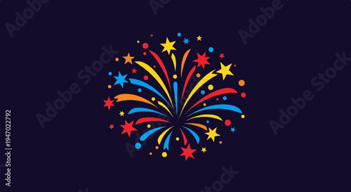 A vibrant burst of colorful fireworks and stars explodes against a dark background