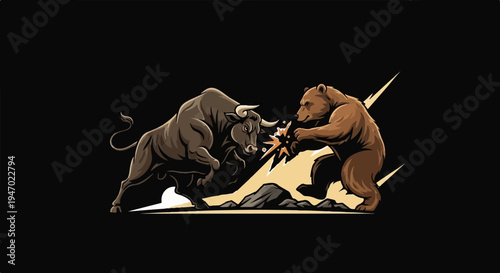 A powerful bull and bear locked in a fierce battle against a dark background