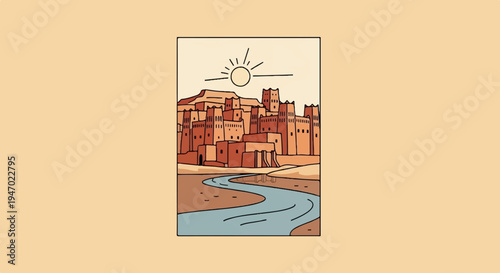 A stylized illustration depicts an ancient desert city with stacked brick structures and a winding river under a bright sun